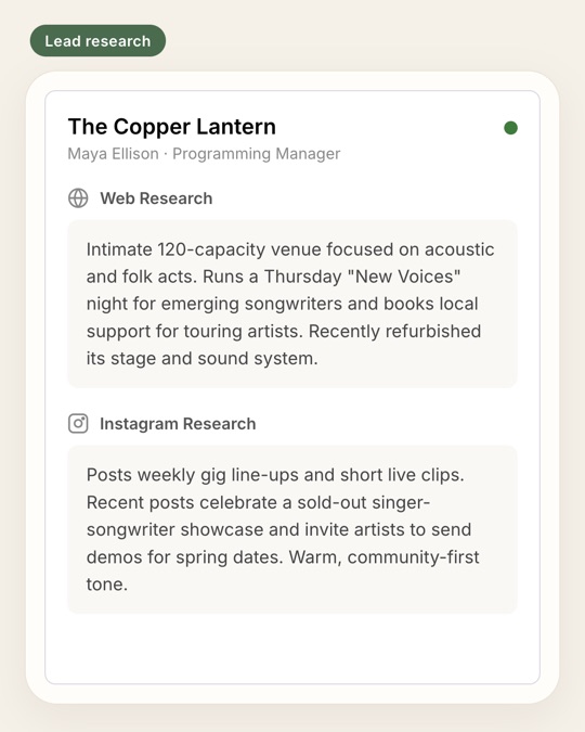 AI research summary of a venue's website and Instagram inside Pitchgrove, used to personalise a pitch.