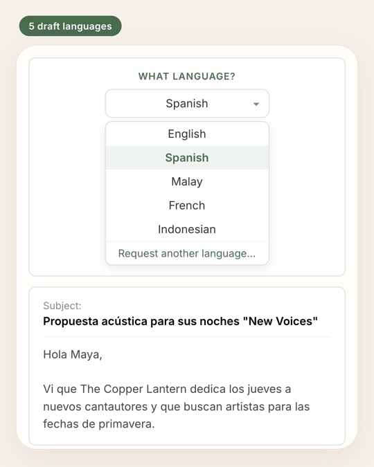 Personalised outreach email drafted in Spanish in Pitchgrove, with a language picker for English, Spanish, Malay, French and Indonesian.